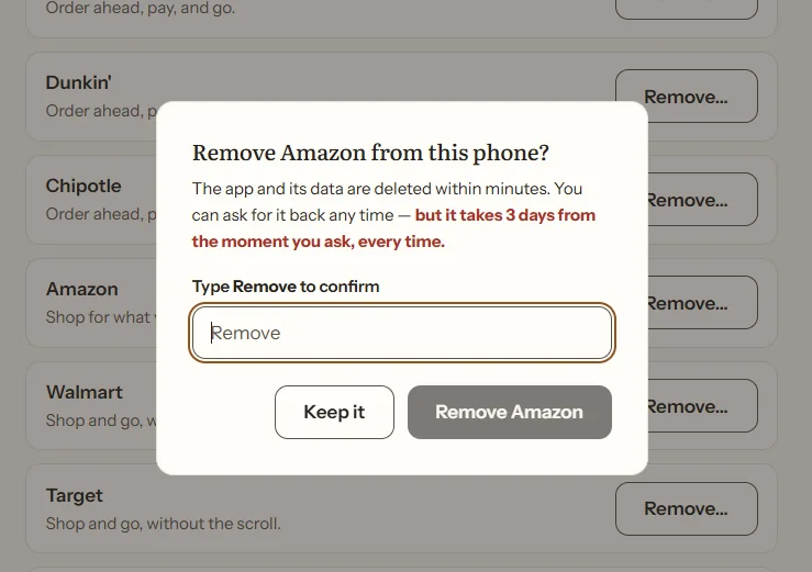 The Adesse account asking to confirm removing an app from the phone, noting the app and its data are deleted within minutes and that asking for it back takes three days.